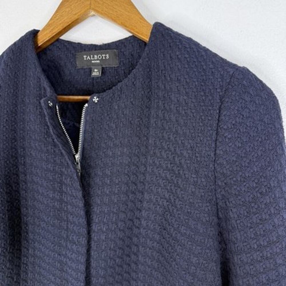 Talbots Textured Tweed Jacket 8P Navy Collarless Full Zip Lined Petites Career